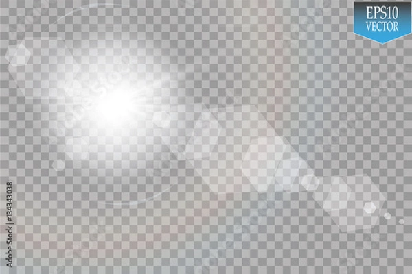 Fototapeta Vector transparent sunlight special lens flare light effect. Sun flash with rays and spotlight
