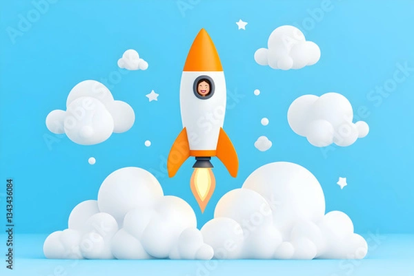 Fototapeta A cheerful cartoon child in a rocket launching through fluffy clouds on a light blue background