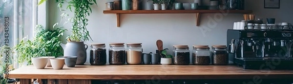 Fototapeta A beautifully arranged kitchen countertop featuring jars of spices, grains, and coffee, alongside stylish ceramic bowls and a coffee machine, creating a harmonious culinary space.
