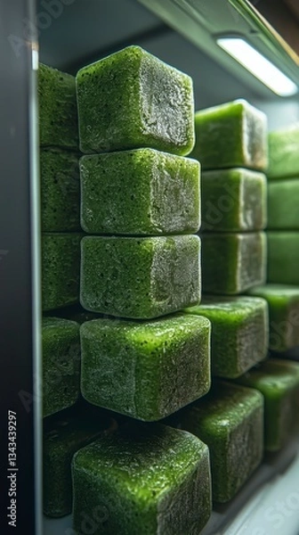 Fototapeta A stack of neatly arranged green smoothie cubes organized in a freezer for convenient meal prep