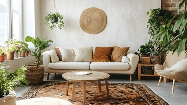 Fototapeta A cozy living room featuring a comfortable couch adorned with soft pillows, a stylish coffee table, and lush green plants that enhance the inviting atmosphere of the space.