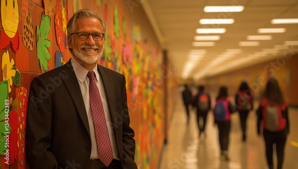 Fototapeta middle aged male school principal smiling in colorful school hallway, surrounded by students. vibrant wall art adds cheerful atmosphere to educational environment