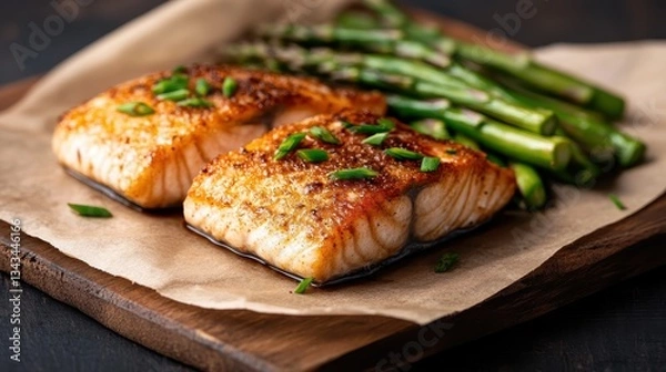 Fototapeta This image showcases beautifully cooked salmon fillets garnished with green onions, paired with vibrant green asparagus, perfect for a healthy meal presentation.