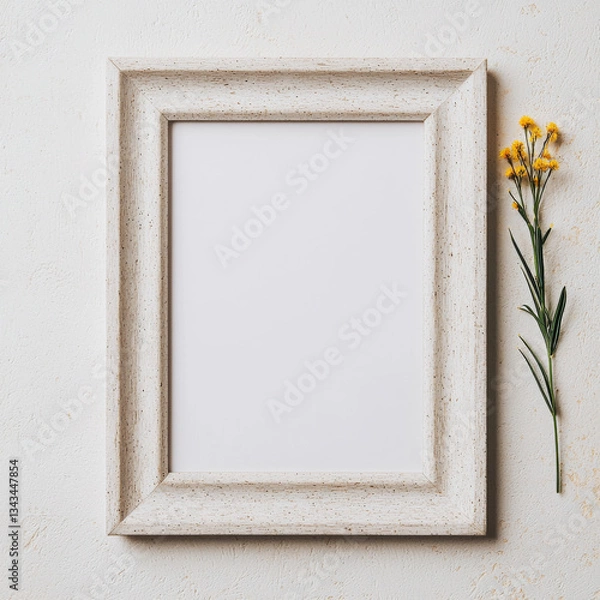 Fototapeta simple, elegant, white, wooden, frame, with, a, blank, space, for, a, picture, and, a, small, flower, beside, it, creating, a, serene, atmosphere