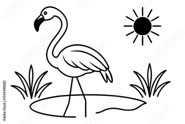 Fototapeta flamingo wading in a pond with the sun shining line art silhouette vector illustration