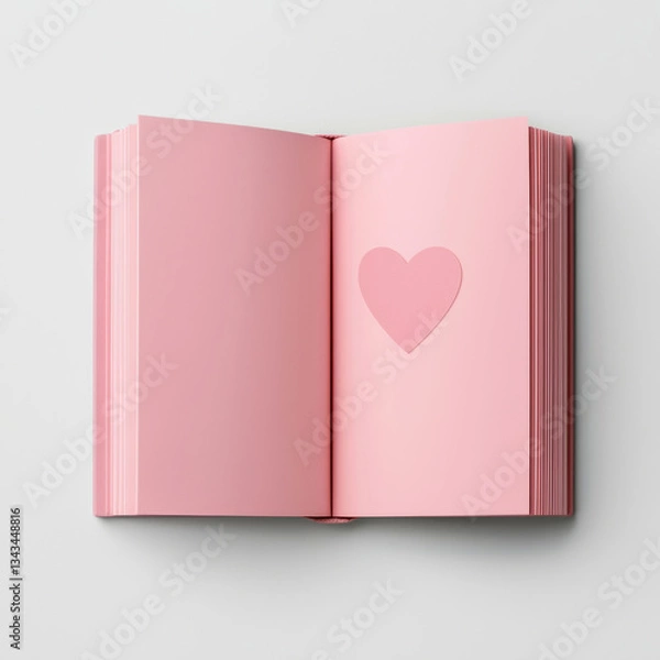 Fototapeta pink book with open cover, featuring heart shaped cutout on one of pages, symbolizes love and affection, perfect for romantic occasions