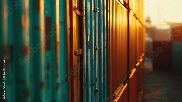 Fototapeta Stack of shipping containers representing global trade and logistics, symbolizing international commerce, import export, and supply chain management concepts.