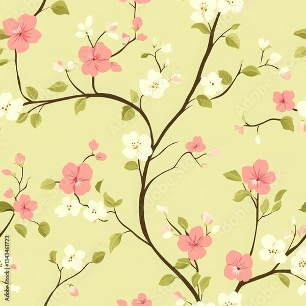 Fototapeta Delicate Floral Seamless Pattern with Pink and White Flowers on Soft Green Background