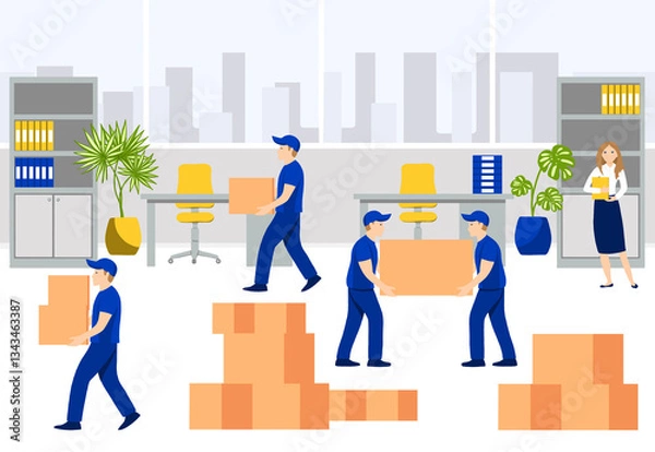 Obraz Workers carry cardboard boxes at the business office, office Moving, delivery service business, mover services, moving to a new place. Bright flat cartoon illustration.