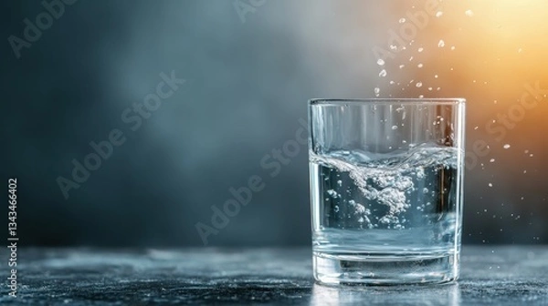 Obraz A glass of clear water captures a dynamic splash effect, creating an energetic visual that symbolizes refreshment and hydration in an appealing way.