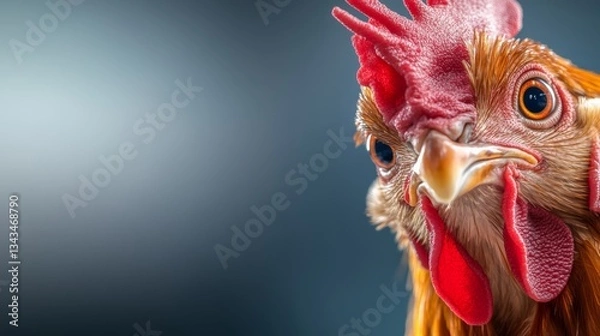 Fototapeta Close up of a chicken's face with red comb and pink wattles. The chicken's eyes are open and staring at the camera