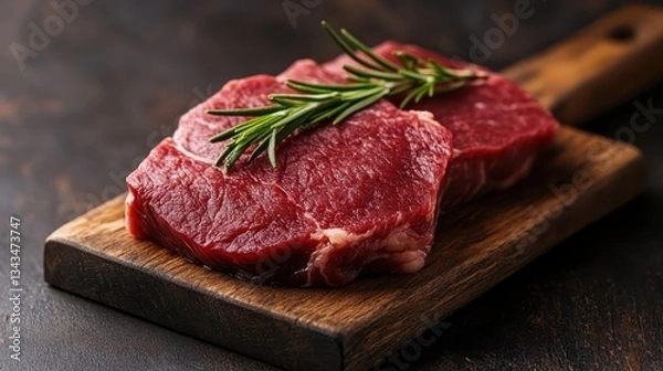 Fototapeta An enticing image depicting premium raw beef cuts beautifully arranged on a wooden serving board, complemented by fresh rosemary, perfect for showcasing culinary artistry.