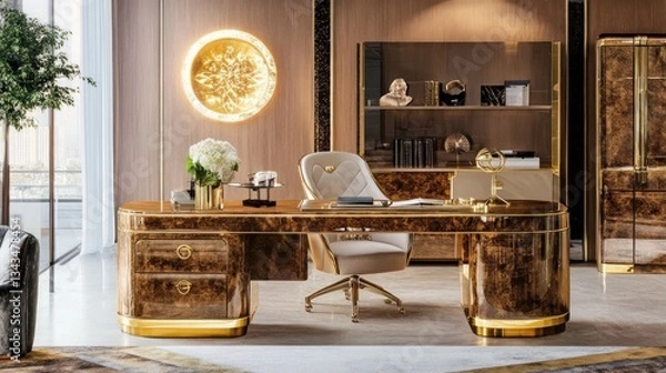 Fototapeta Luxurious home office with large wooden desk, gold accents, and comfortable chair.