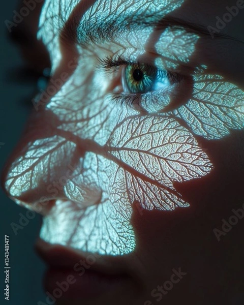 Fototapeta Artistic human face with botanical projections overlaid on the skin, creating a mesmerizing symbiosis between nature and humanity. Generative AI interplay of light and shadow