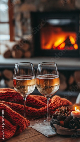 Obraz Two glasses of sparkling wine on a cozy table with a warm knitted blanket by the fireplace in a rustic setting
