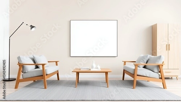Fototapeta Minimalist living room with wooden chairs neutral tones and elegant coffee table decoration