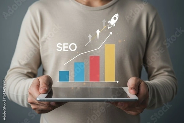 Obraz SEO Search Engine Optimization, concept for promoting  ranking traffic on website,  optimizing your website to rank in search engines or SEO
