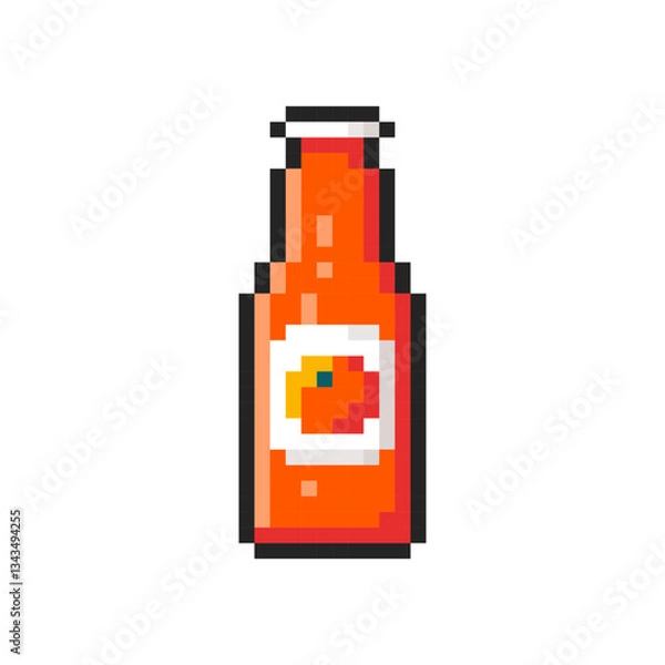 Obraz Pixel orange juice in glass bottle isolated on transparent background. Pixelated badge, game asset or computer arcade item. Fresh juice icon. Vector pixel art illustration in 16 bit old style.