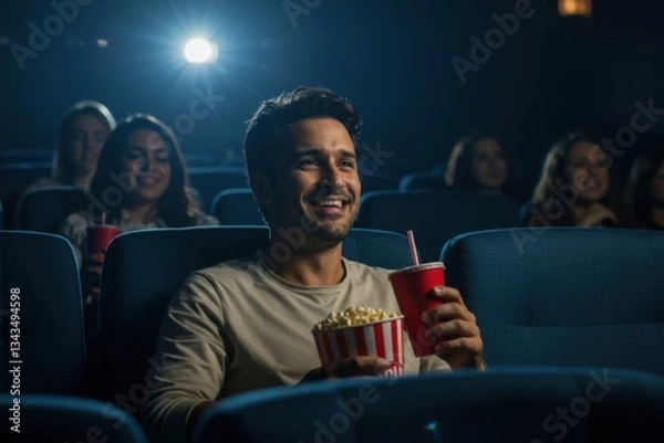 Fototapeta Smiling man drinking soda and eating popcorn while watching movie in theater