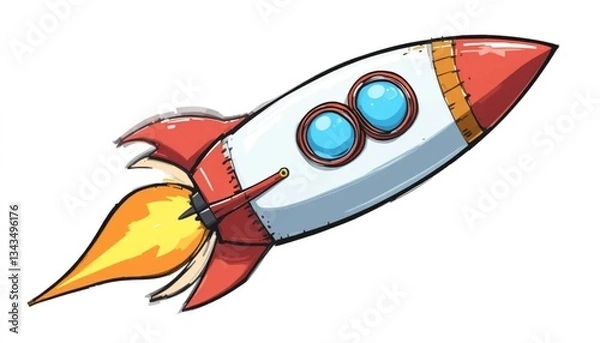 Fototapeta Cartoon rocket ship with flames and two round windows on a white background illustrationAi generated