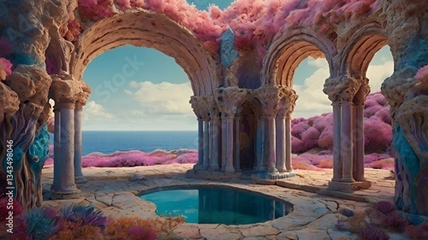Fototapeta Surreal dreamlike landscape with vibrant coral and floral structures creating a fantastical scene