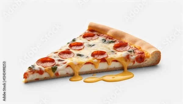 Fototapeta A single slice of pepperoni pizza with melted cheese on a white background in a studio shotAi generated