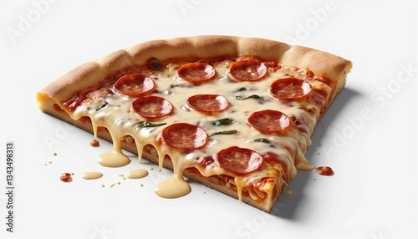 Obraz A single slice of pepperoni pizza with melted cheese on a white background in close up studio shotAi generated