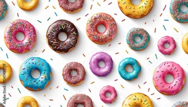Obraz A delightful assortment of colorful donuts with sprinkles on a clean white background pattern designAi generated