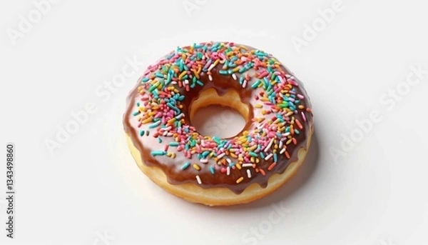 Obraz A donut with chocolate frosting and colorful sprinkles on a white background in studio lightingAi generated