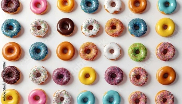 Obraz Arrangement of assorted colorful donuts with various toppings on a white surface overhead shotAi generated