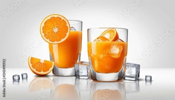 Fototapeta Two glasses of orange juice with ice cubes and orange slices on a white reflective surfaceAi generated