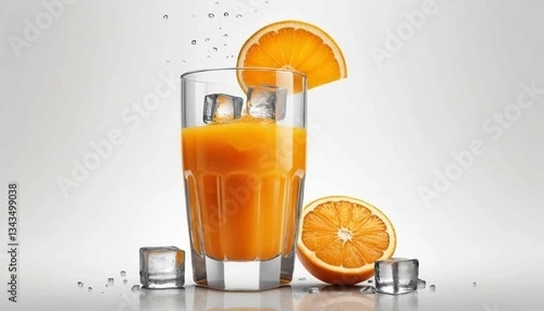 Obraz A glass of orange juice with ice cubes and orange slices on a white background in studio lightingAi generated