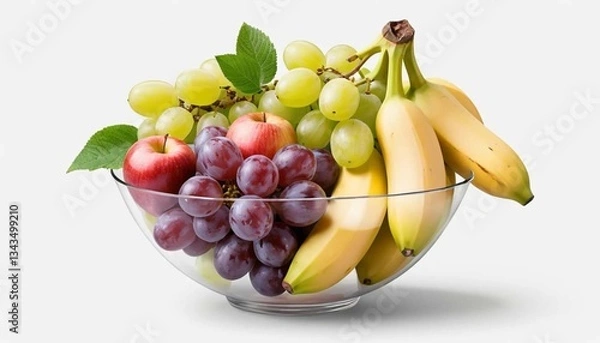 Fototapeta A glass bowl filled with bananas, red apples, green grapes and purple grapes on a white backgroundAi generated