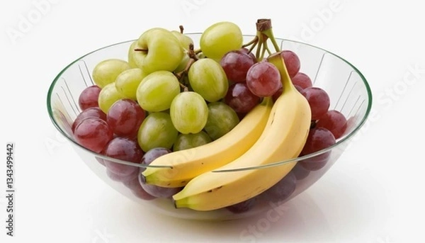 Obraz A clear bowl filled with green and red grapes and two bananas on a white background surfaceAi generated