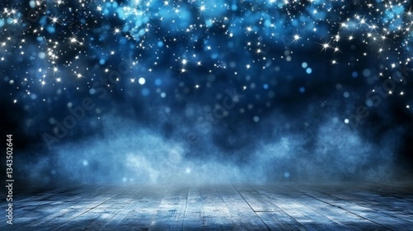 Fototapeta Enigmatic Blue Stage with Sparkling Lights and Smoky Atmosphere Design