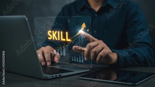 Fototapeta Up skill and personal development concept. employee pointing arrow to upskill or reskill, kill training, education, learning, ability, knowledge and competency for digital transformation