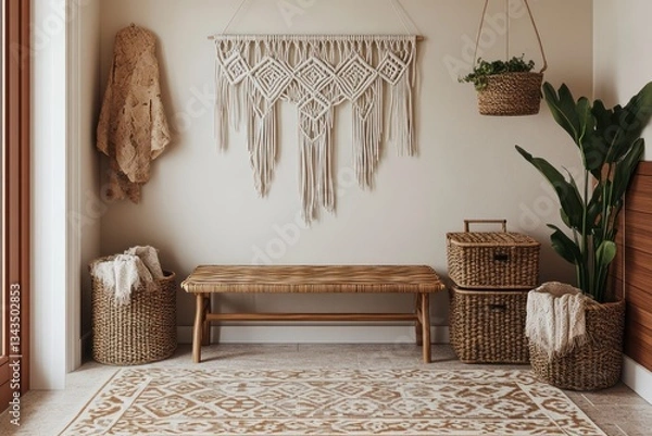 Fototapeta A boho-style entryway featuring a rattan bench, woven baskets for storage, a macram??A(C) wall hanging, and a warm-toned patterned rug