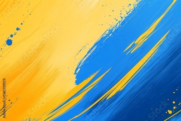 Fototapeta Vibrant abstract blue and yellow background with expressive brush strokes and geometric shapes