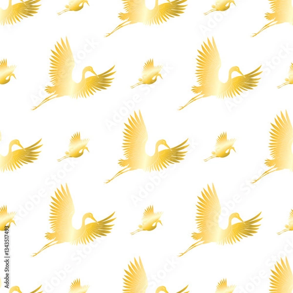 Fototapeta Elegant Japanese pattern with cranes birds flying. Pattern on white background