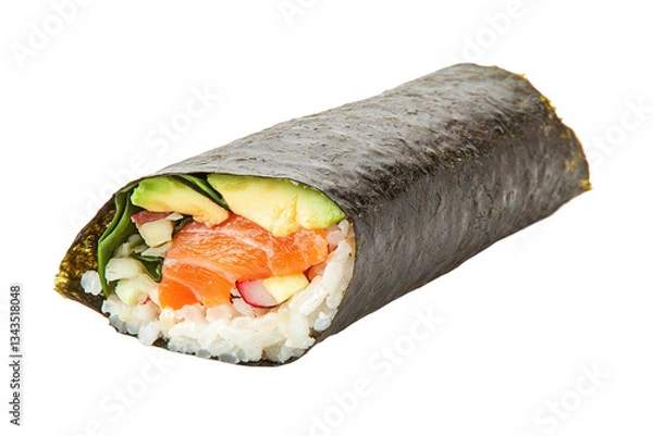 Obraz A delicious sushi roll filled with fresh salmon, avocado, and vegetables, wrapped in seaweed, Transparent background.