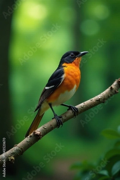 Fototapeta Solo bird perched on branch in forest clearing, greenery, birds
