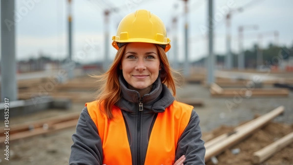 Obraz redhead woman on a construction site with helmet and construction vest
