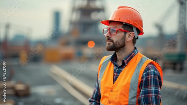 Obraz bearded man on a construction site with helmet and construction vest
