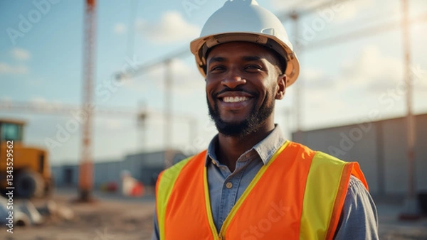 Obraz African American man on a construction site with helmet and construction vest
