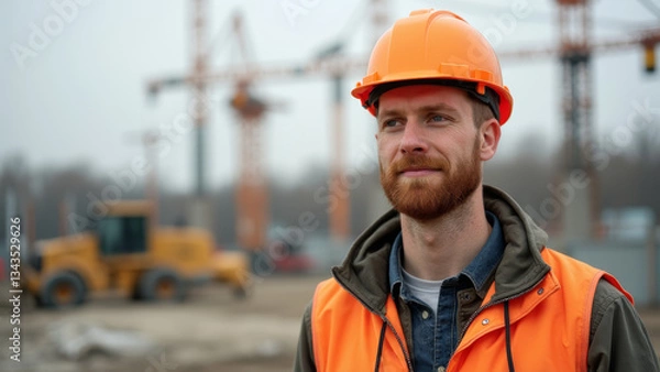 Obraz red-haired man with a beard on a construction site with helmet and construction vest