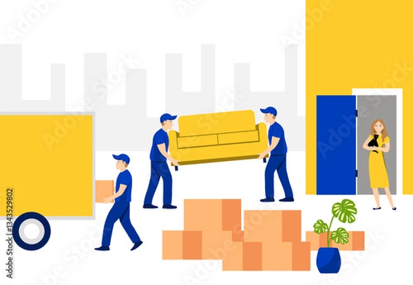 Obraz Workers carry boxes and couch from apartment to truck and woman hold cat on her hands. Moving, delivery service business, mover services, moving to a new place. Bright flat cartoon illustration.