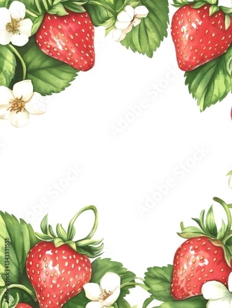 Fototapeta Watercolor frame with blooming strawberries creating a white background