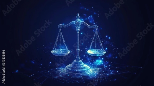 Fototapeta Digital scales of justice in a futuristic setting, suitable for legal themes