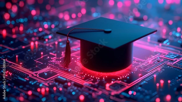 Fototapeta Graduation Cap on Circuit Board with Neon Lights