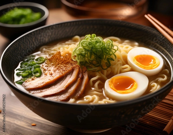 Fototapeta Close-up of a bowl of ramen with chopsticks lifting steaming noodles, showcasing rich broth, fresh toppings